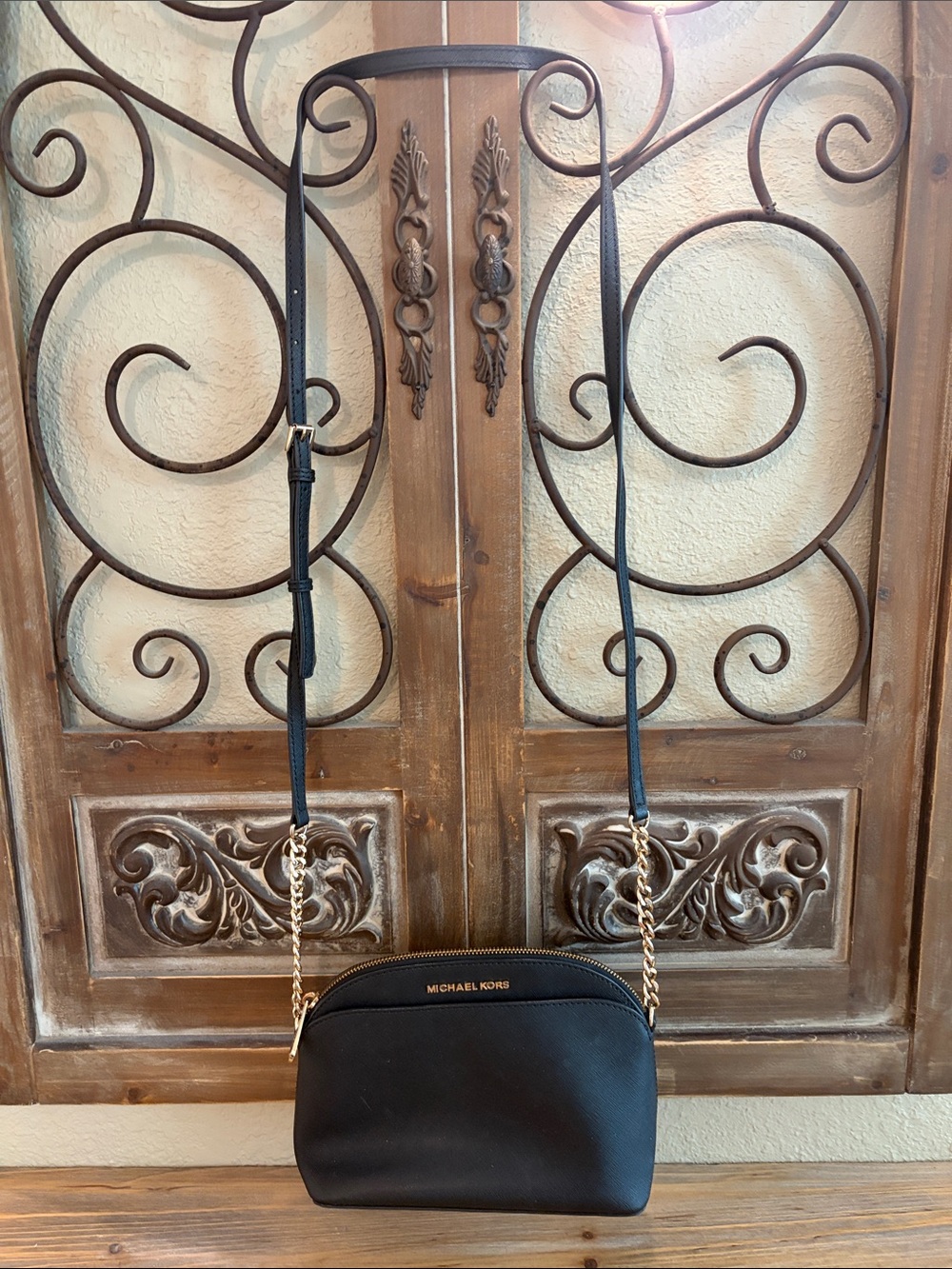 Michael Kors Black Crossbody “Jet Set” Dome Shape with Gold Chain Accents